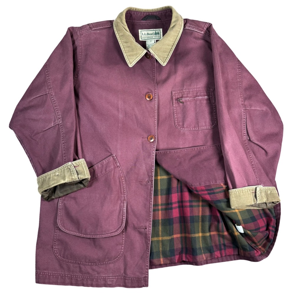 LL Bean Chore Barn Jacket Women 2X Burgundy Corduroy Plaid Lined Canvas Coat VTG